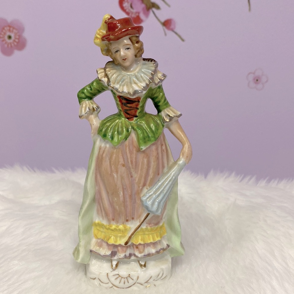 Vintage Japan Porcelain Figurine - Victorian Woman in Cute Hat with an Umbrella